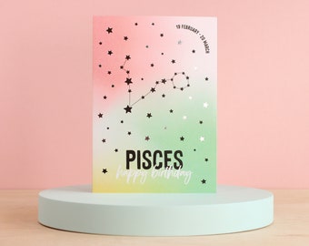 Pisces birthday card, Zodiac cards, Star sign birthday card, Silver foil finish