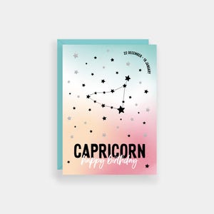 Carte d'anniversaire Capricorne, cartes du zodiaque, carte d'anniversaire signe astrologique constellation, finition feuille d'argent