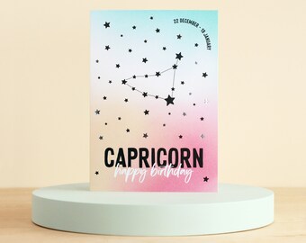 Capricorn birthday card, Zodiac cards, Star sign constellation birthday card, Silver foil finish
