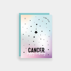 Carte d'anniversaire cancer, cartes du zodiaque, carte de constellation de signe astrologique, finition feuille d'argent