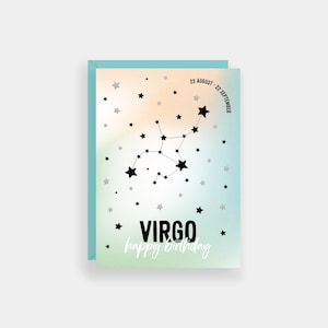 Carte d'anniversaire Vierge, cartes du zodiaque, carte de constellation de signe astrologique, finition feuille argentée