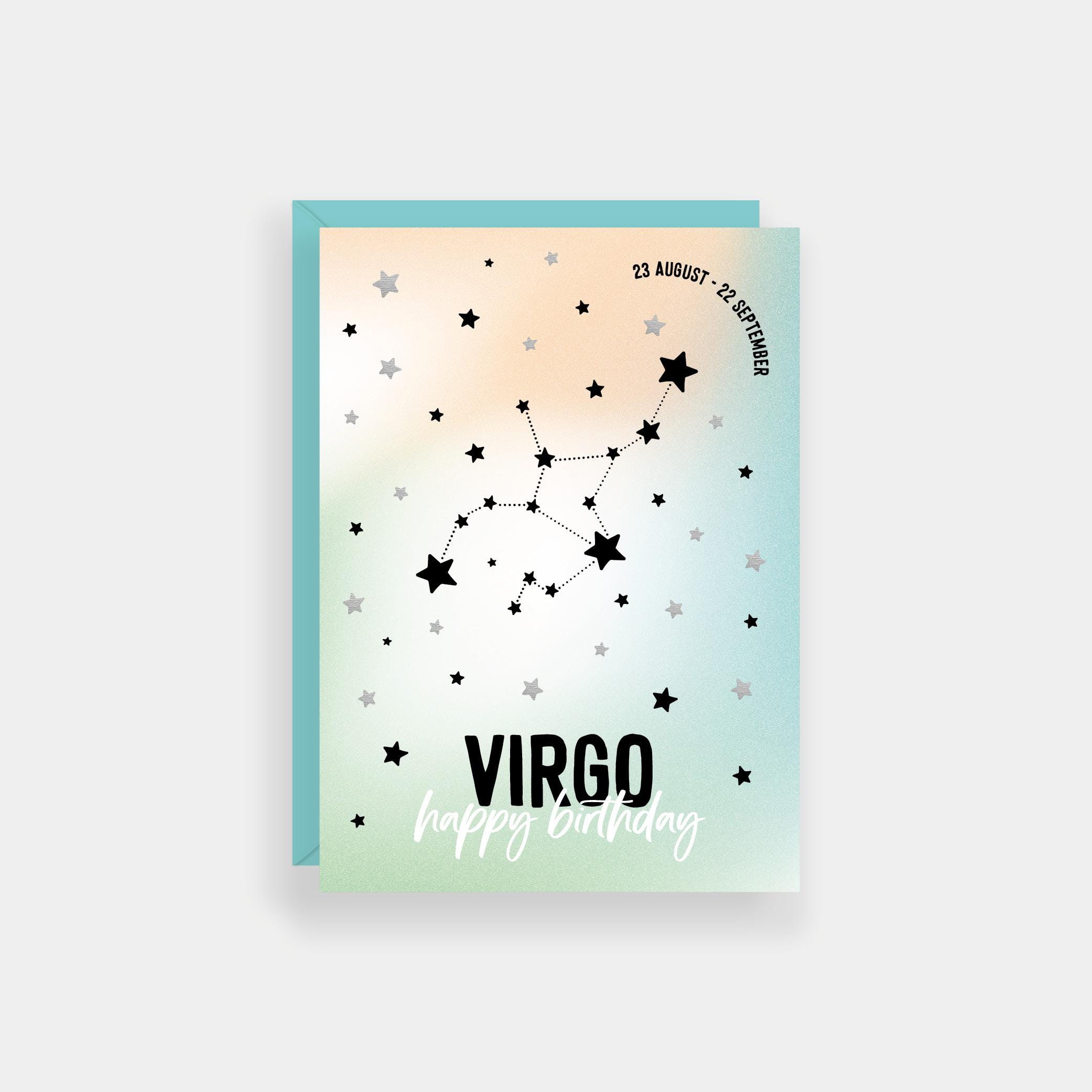 Virgo birthday card, Zodiac cards, Star sign constellation card, Silver foil finish