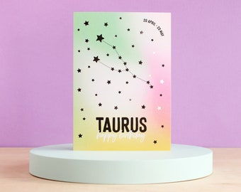 Taurus birthday card, Zodiac cards, Star sign constellation card, Silver foil finish