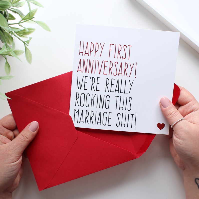 First wedding anniversary card, Funny anniversary card husband, Card for wife, 1 year anniversary, Rocking this marriage shit image 2