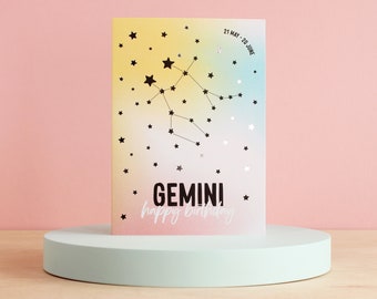 Gemini birthday card, Zodiac cards, Star sign constellation card, Silver foil finish