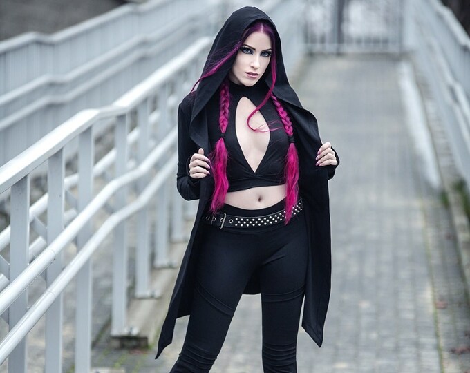Long Hooded Cardigan Women, Cloak with Hood, Sweater hooded gothic, Gothic Jacket, Futuristic cosplay cape coat, Winter Hoodie, Yoga Hoodie