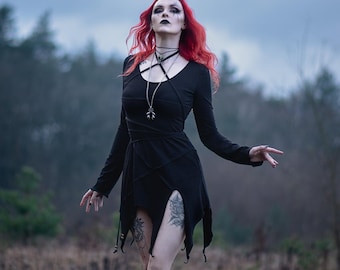 robe tunique noire à manches longues style fée gothique