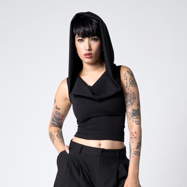 Black crop top with dramatic cowl neck hood. Hooded minimalist top. Avant-garde black goth hooded top. Sleeveless cowl neck festival top.