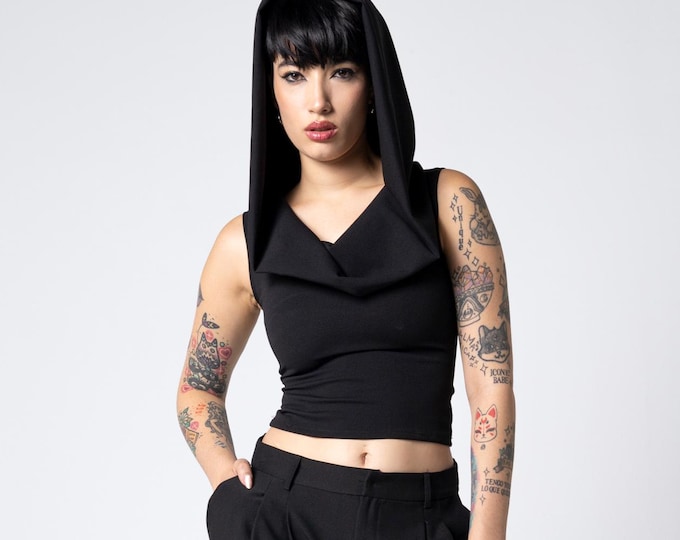 Black crop top with dramatic cowl neck hood. Hooded minimalist top. Avant-garde black goth hooded top. Sleeveless cowl neck festival top.