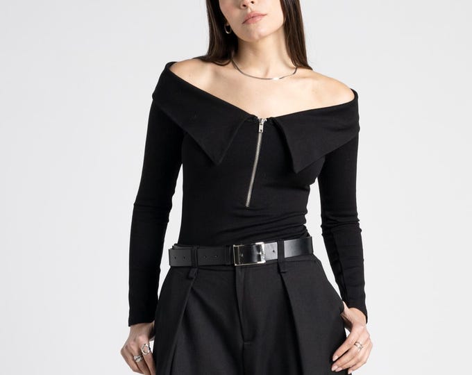 Sailor off shoulder gothic blouse. Formal sleeve top. Minimalist black bardot blouse.  Cocktail clothing. Elegant top