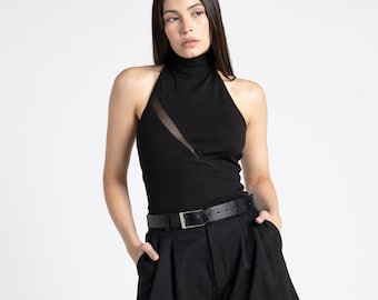 Black halter top avant garde clothing. Goth shirt for women. Black minimalist cocktail Halter top. Itala halter backless mock neck top.