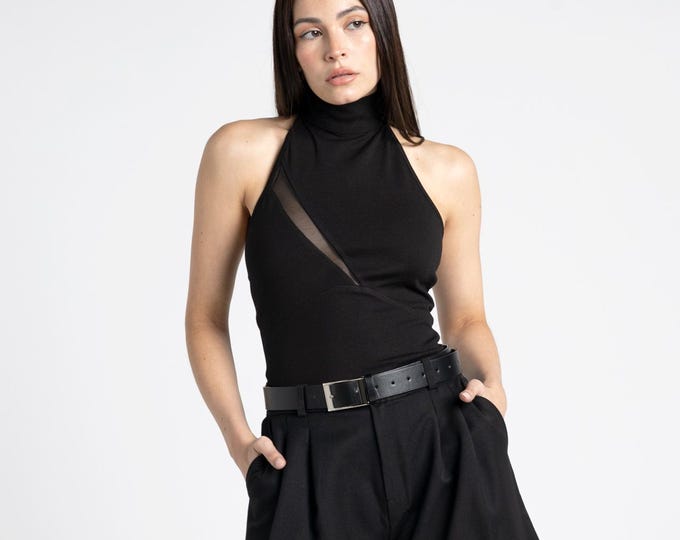 Black halter top avant garde clothing. Goth shirt for women. Black minimalist cocktail Halter top. Itala halter backless mock neck top.