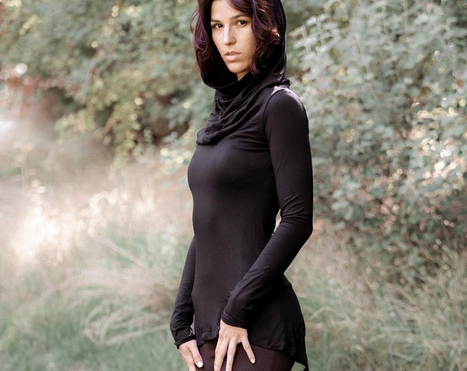 Black elegant Cowl neck top. Off the shoulder tunic. Pixie Hooded tunic top. Fairy Goth tunic top. Pixie clothing. Elven top. Elven clothes