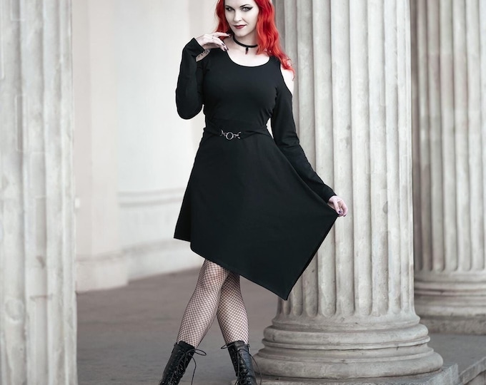 Witch asymmetric midi tunic sleeve dress. Fairy gothic tunic. Extravagant dress. Fae midi black dress. Cottagecore winter dress