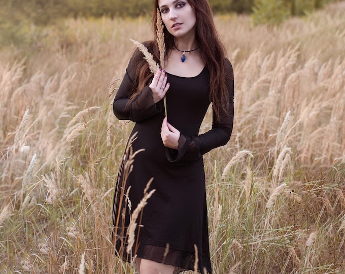 Black cottage core dress. Gothic dress. Long Sleeve mesh dress. Elven black dress. Elven clothes. Fairy dress. Gothic clothing. Witch dress