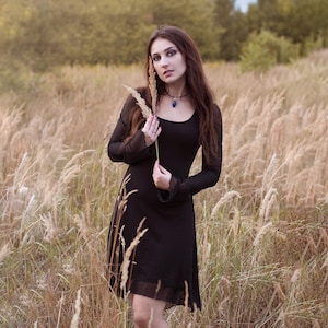 Black cottage core dress. Gothic dress. Long Sleeve mesh dress. Elven black dress. Elven clothes. Fairy dress. Gothic clothing. Witch dress