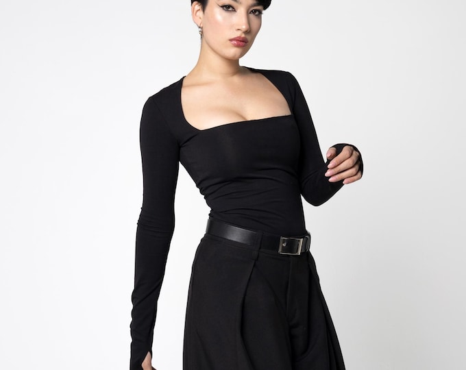 PREORDER. Organic cotton Square neck long sleeve top with thumbholes. Elegant black cocktail knit blouse. Minimalist top