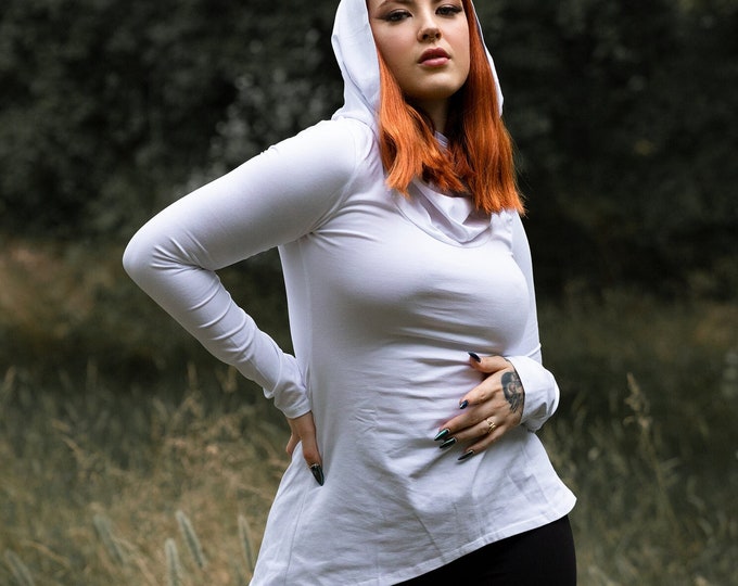 White organic cotton hooded top. Cowl neck faerie top. Medieval witchy top