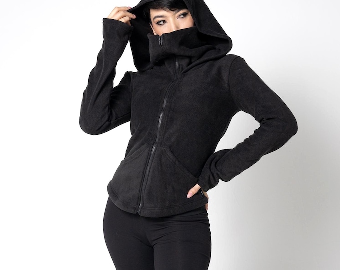 Fleece winter Zip-up hoodie with face mask and pockets. Autum-winter zipper hooded sweatshirt with high neck. Black Fleece hooded jacket