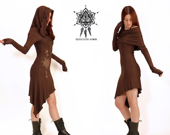 Znia Dress / Cowl Neck pixie dress / Sacred geometry dress / Elven dress / Romantic dress / hooded dress / festival dress / Elven clothing