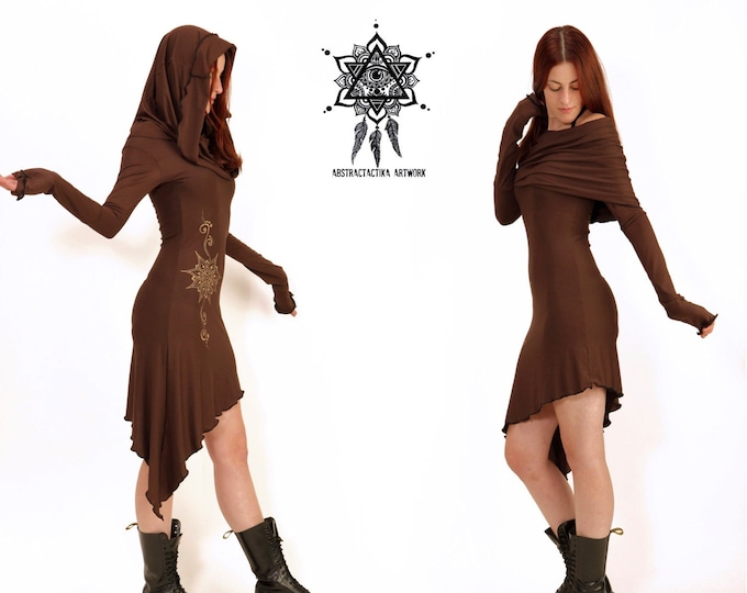 Znia Dress / Cowl Neck pixie dress / Sacred geometry dress / Elven dress / Romantic dress / hooded dress / festival dress / Elven clothing