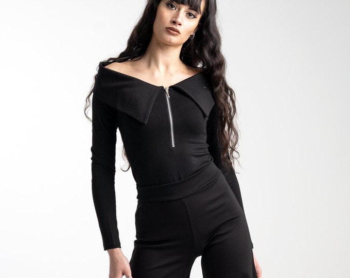 Romantic Victorian gothic blouse. Flap collar zip up fairy sleeve top. Boat neck sleeve winter blouse. Fairy goth top. Cocktail top