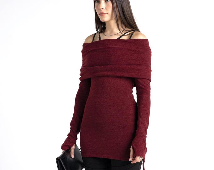 Elegant Off Shoulder Hooded Sweater Top | Burgundy Long Sleeve Knit pullover with Thumb Holes | Adjustable Minimalist cowl neck Top