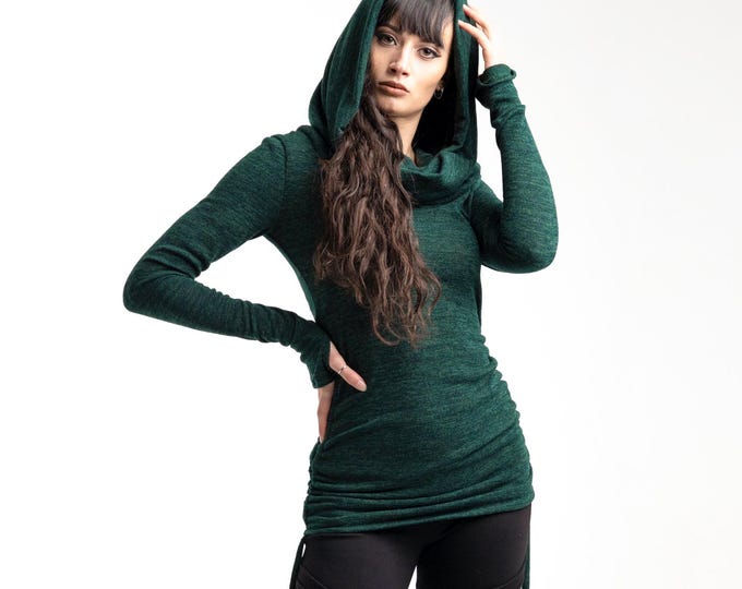 Green Hooded pixie sweater tunic. Elven Sweater hooded dress. Faery hood cardigan. Cowl neck Elven hooded pullover dress. Boho hoodie dress.