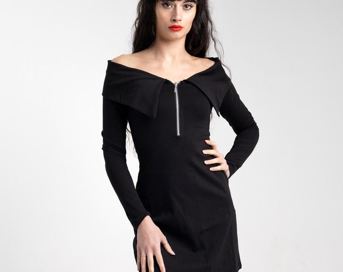 Gothic boatneck Long Sleeve goth dress, Dark academia dress, Stretchy Fitted dress, Boatneck tunic, Off Shoulder zipper dress