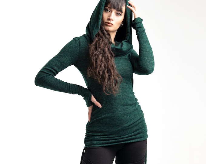 Green Hooded pixie sweater tunic. Elven Sweater hooded dress. Faery hood cardigan. Cowl neck Elven hooded pullover dress. Boho hoodie dress.