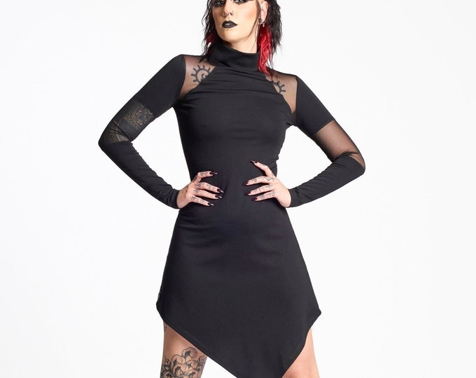 Futuristic asymmetric black women dress. Black cutout mesh tunic dress. Gothic dress. Futuristic clothing. Halloween Cosplay dress.