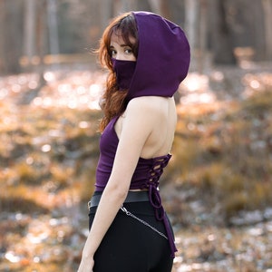 Fire dance purple Face mask hooded crop top. Pixie dust mask hooded top. Rave clothing. Ninja Backless hooded top. Festival desert clothing