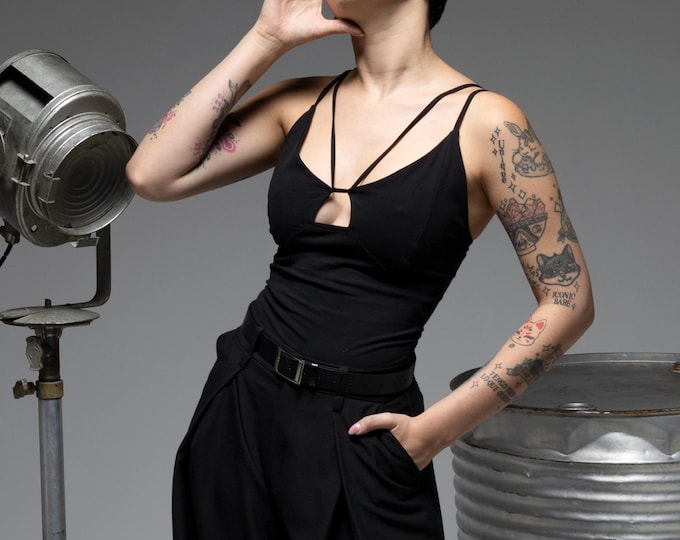 PREORDER. Black organic cotton yoga strappy tank top – Ellen Tank Top with Built-in Bra - Yoga organic clothing - Versatile black top