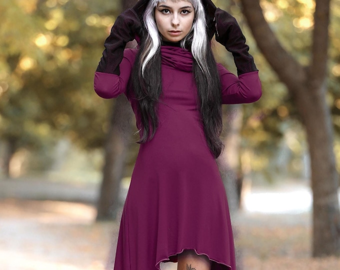 Hooded purple pixie tunic. Fairy tunic dress. Fantasy clothes. Yoga tunic dress. Pixie clothes. Boho elven dress. Winter sweatshirt dress.