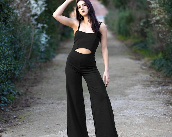 Black wide-leg jumpsuit. Festival palazzo sleeveless romper. Cocktail jumpsuit. . Wedding guest jumpsuit. Gothic overall. Festival clothes