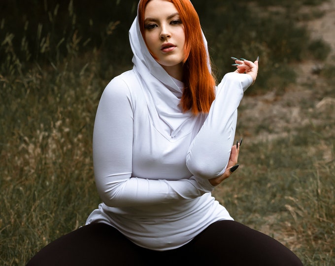 White organic cotton hooded top. Cowl neck faerie top. Medieval witchy top