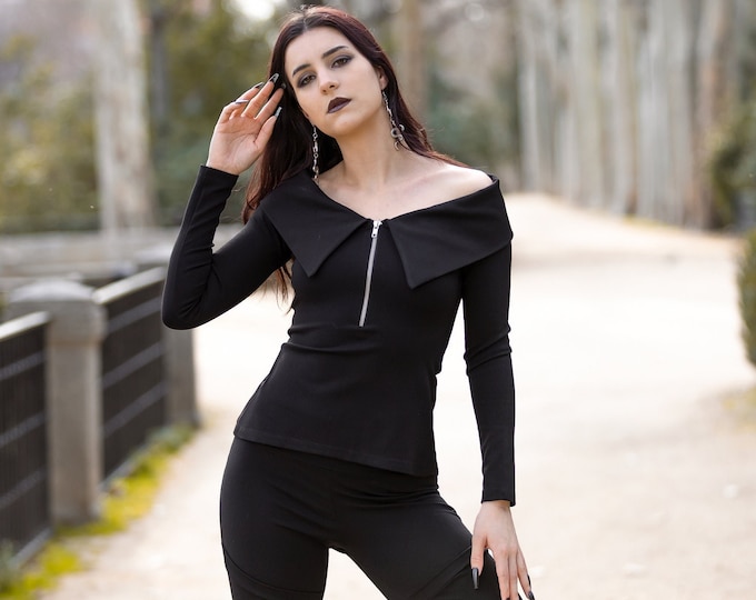 Black off shoulder long sleeve shirt. Gothic blouse. Gothic clothing. Witch top. Ren Faery top. Victorian top. Flap collared sleeve top