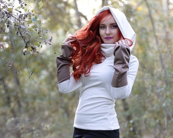 Cowl hooded sweatshirt. White Hooded sweatshirt. Elven hooded top. Gothic top. Cowl neck top. Winter long sleeve hooded top. Elven clothes.