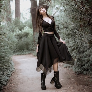 Black asymmetric maxi skirt. Fairy witch long skirt. Gothic maxi skirt. Elvish goth midi skirt. Fairy clothing. Festival skirt. Dance skirt