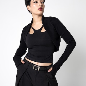 Organic cotton knit Elegant black cropped bolero shrug with long thumbhole sleeves – goth Cocktail minimalist knit cardigan. image 1