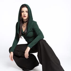 Hooded long sleeve elven top. Pixie hooded top. Faery cowl neck top. Yoga hooded top. Pixie clothing. Festival hooded crop top. Fire dance