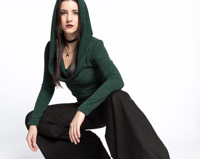 Hooded long sleeve elven top. Pixie hooded top. Faery cowl neck top. Yoga hooded top. Pixie clothing. Festival hooded crop top. Fire dance