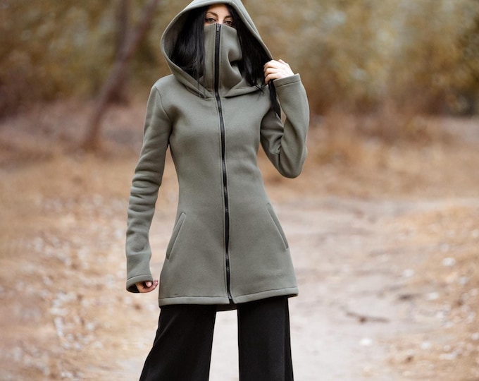 Hooded elven cowl neck winter coat.  Elven winter sweatshirt jacket with zipper. Pixie hoodie long jacket. Goth winter jacket. Gothic hoodie