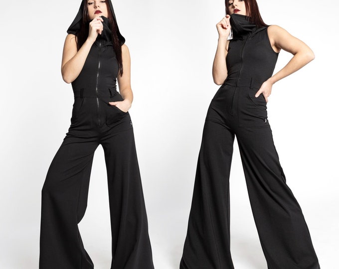 Hooded long jumpsuit with face mask. Rave Hooded sleeveless playsuit. Festival hooded romper. Festival clothing. Black Hooded overall