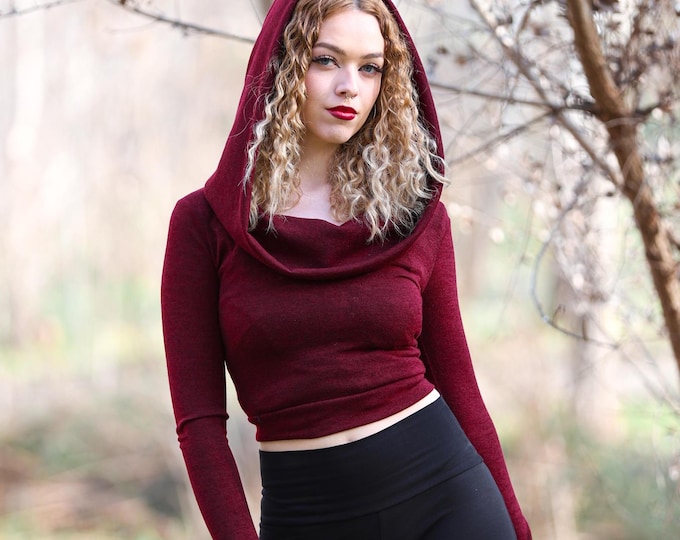 Cowl neck autumn winter hooded pullover. Long sleeve elven top. Knitted yoga jumper. Red Pixie top. Faery sweater