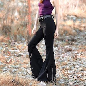 Black flare festival bottoms with pockets. Boho flare pants. Bell pants. Pixie pants. Goth trousers. Flow artist bottoms. Dance flare pants
