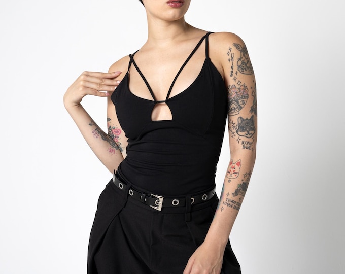 PREORDER. Black organic cotton yoga strappy tank top – Tank Top with Built-in Bra - Cocktail elegant top