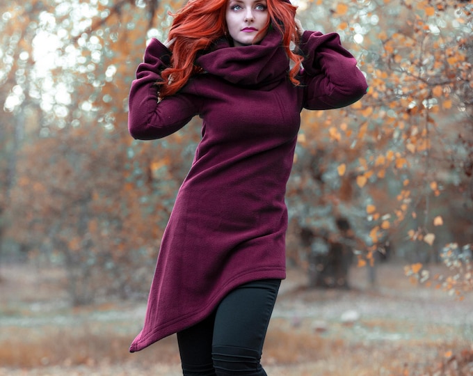 Hooded cotton fleece sweater | Elven autumn winter sweatshirt hooded coat | Pixie hoodie | faery fleece jacket | Cowl neck medieval jacket