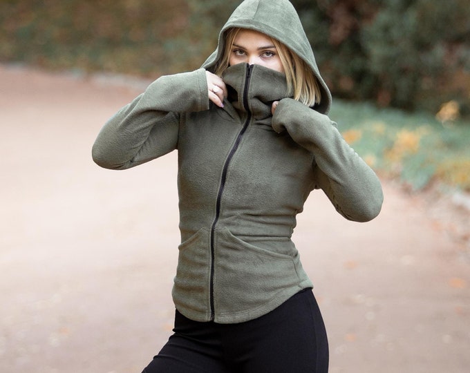 Elven green Hooded winter cotton fleece zipper jacket. Faery jacket. Pixie sweatshirt. Goth ninja hoodie jacket. Winter Pixie hoodie coat..