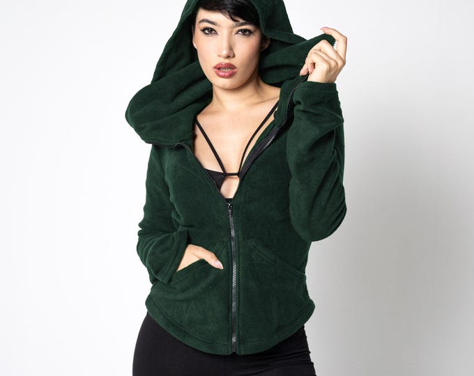 Fleece winter Zip-up hoodie with face mask and pockets. Autum-winter zipper hooded sweatshirt with high neck. Black Fleece hooded jacket